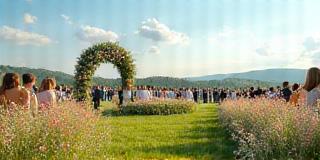 Ceremonie in open ruimte met veldbloemen